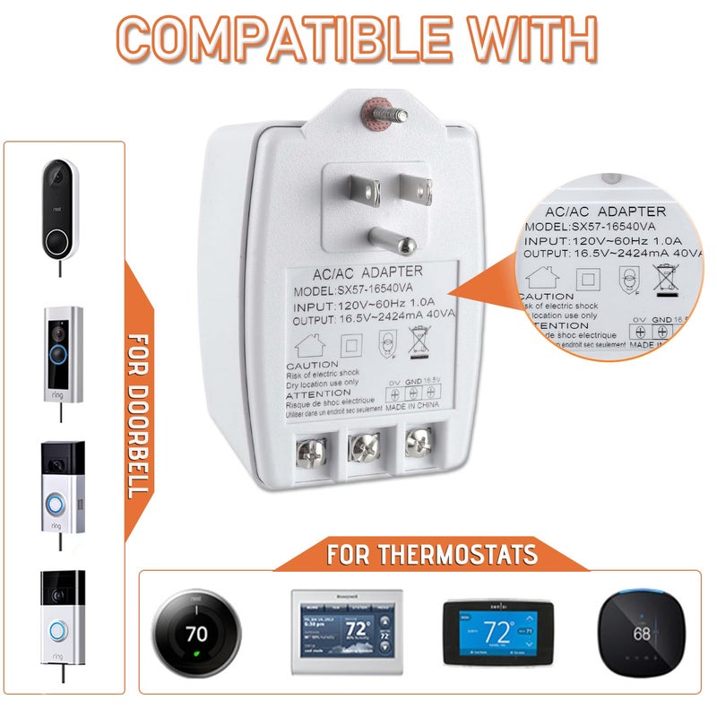 JAMHER 16.5 Volt Doorbell Transformer 16.5VAC 40VA 2424mA Plug in Transformer with PTC Fuse Compatible with Nest Ecobee Sensi and Honeywell Thermostat and All Versions of Ring Doorbell - Image 3